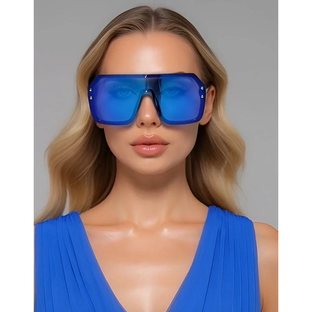 Women Shield Sunglasses Blue Mirrored Lens Rivet Accents Fashion Statement Ladys